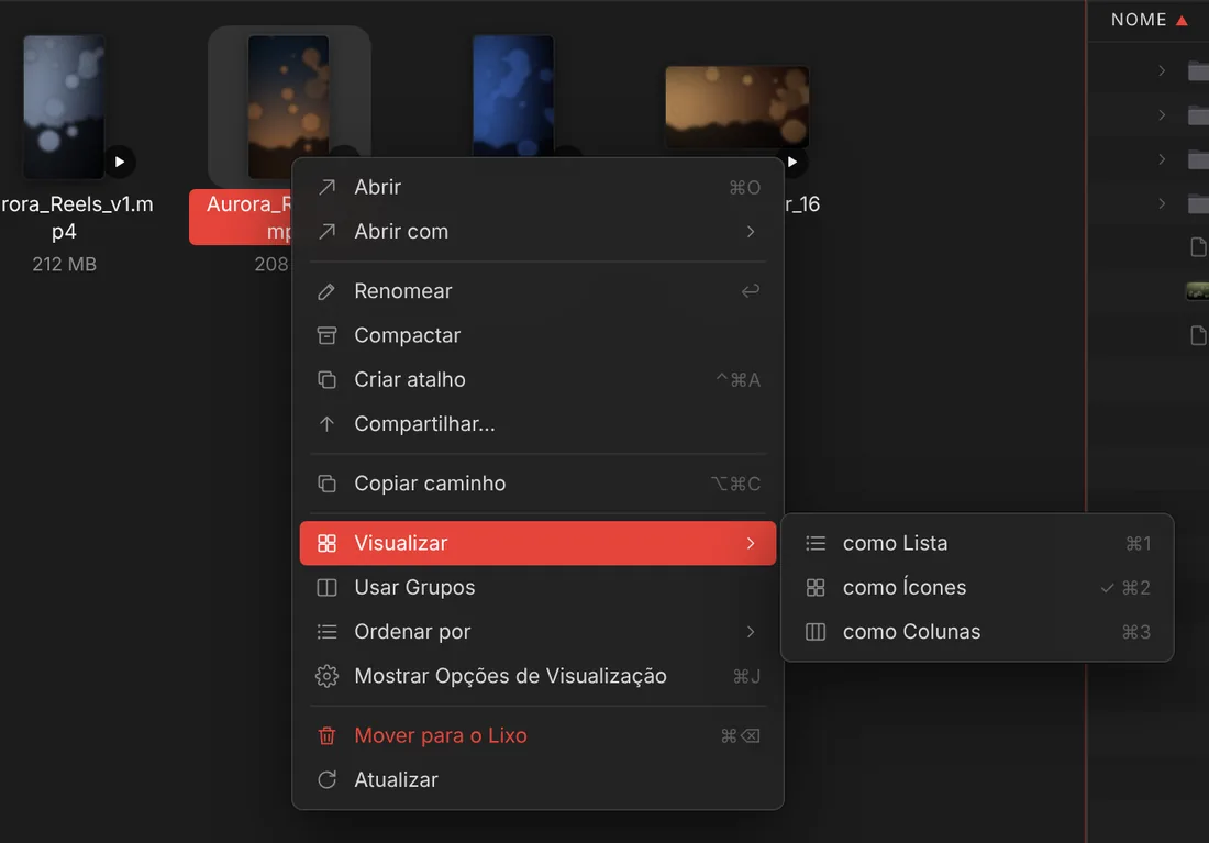 Menu de contexto de um arquivo