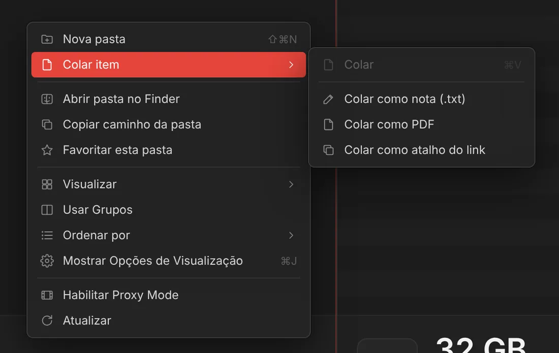Menu de contexto da pasta com Colar item