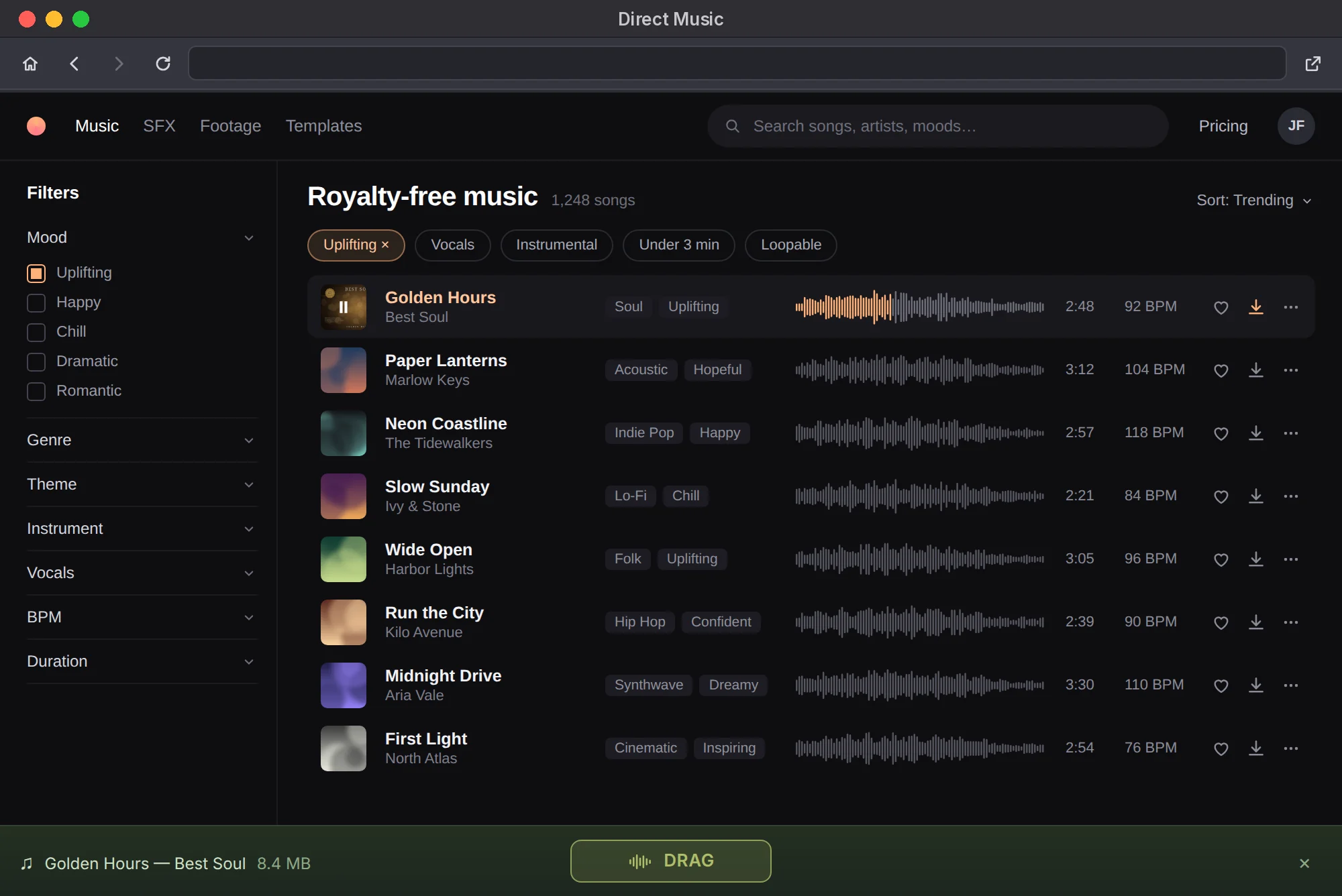 Janela do Direct Music: catálogo de músicas e botão DRAG